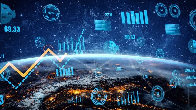 A captivating visualization of financial data displayed over the Earth, featuring complex charts, graphs, and numerical insights designed to showcase global economic trends and analytics. Xenic