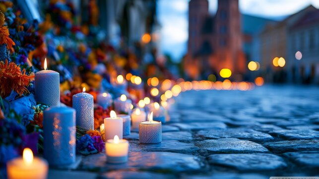 Serene Evening Scene with Dozens of Flickering Candles Amidst Colorful Flowers on Cobblestone Path