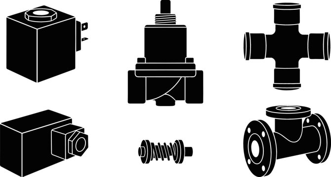 Industrial Solenoid Valves and Pressure Regulators Vector Silhouette Set with Pipe Fittings, Flanged Joint Connectors, and Flow Control Hardware