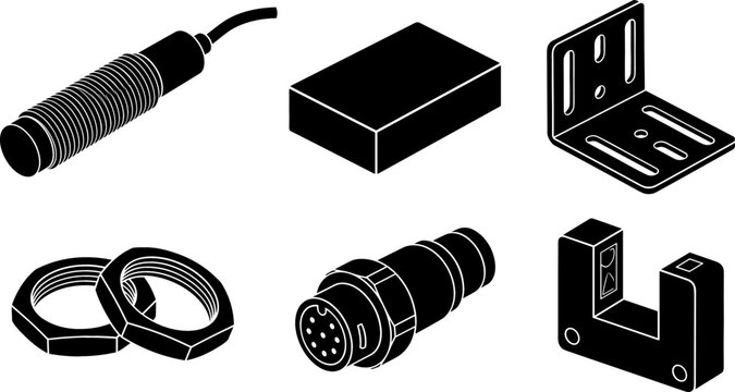 Industrial Proximity Sensor and Mounting Hardware Vector Icon Set Featuring Cylindrical Inductive Switch Magnetic Block Bracket Connector and Locknuts