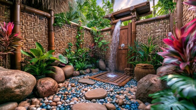 Serene Tropical Outdoor Shower Surrounded by Lush Greenery and Natural Stone Arrangements