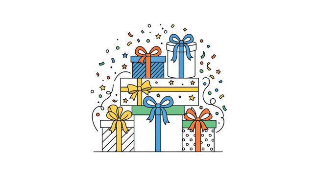 Stacked gift boxes with confetti accents
