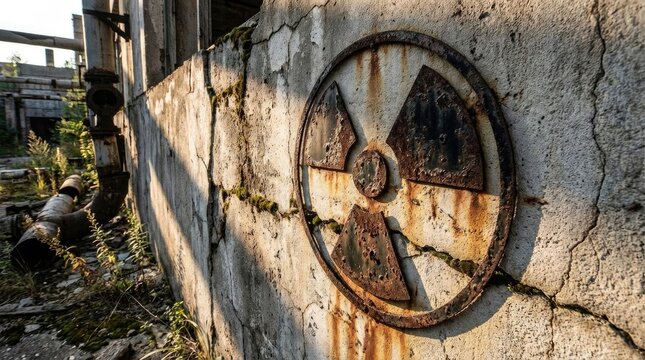 Radiation hazard symbol, rusty metal danger warning emblem, concrete decay, cracked wall, indicating environmental contamination, industrial abandonment, nuclear risk, desolate ruin.