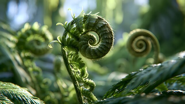 Macro photography of green fern fiddleheads unfurling in the forest.