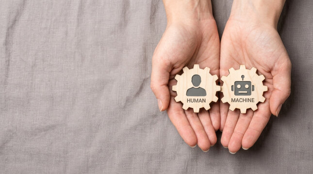Hands holding two interlocking wooden gears with human and machine icons representing human ai collaboration, automation synergy, and future workforce integration.