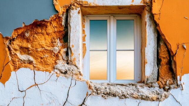 Detailed View of Weathered Building with Cracked Wall and Window Frame Reflecting the Sky at Dusk