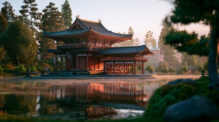 Fototapeta premium Elegant Traditional Architecture Reflected in Calm Water, Surrounded by Lush Greenery and Serenity