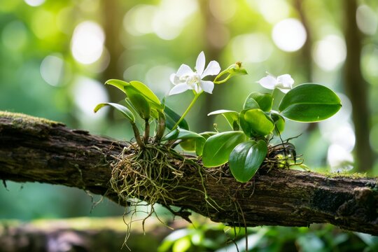 Rare White Orchid Flower on a Mossy Log Surrounded by Lush Green Foliage in Natural Habitat