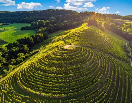 Aerial view of circular green vineyard patterns on hills.
