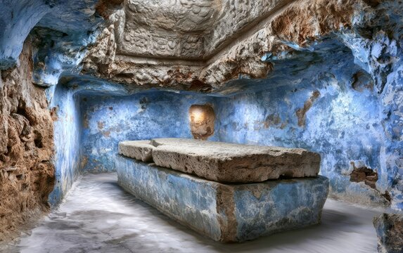 Ancient Architectural Elements in a Unique Underground Cave Chamber with Blue Contrast and Textured Walls
