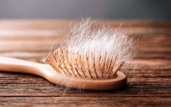 Close-Up of Hair Brush with Excessive Hair Collection on Wooden Surface in Soft Lighting