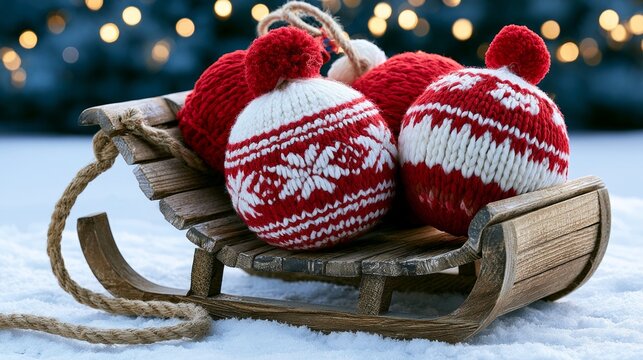 Rustic Christmas Sleigh with Festive Red and White Knitted Ornaments on Snowy Background