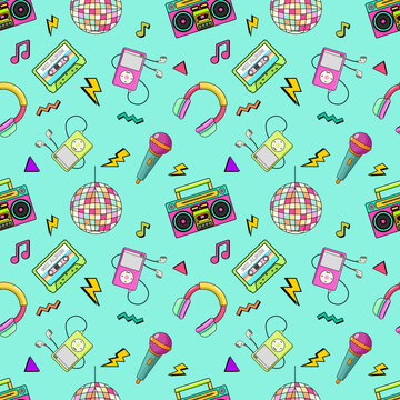 90s Retro Music Audio Party Seamless Pattern