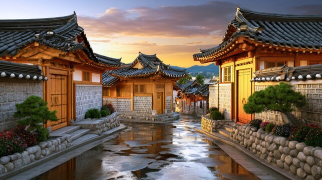 Historic Korean Residential Alley After Rainfall with Elegant Reflection and Vibrant Sunset
