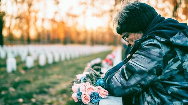 Emotional Reflection of an Older Individual in a Serene Cemetery with Colorful Flowers at Sunset