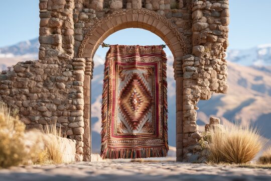 Majestic Handcrafted Travel Rug Displayed Through Stone Archway in Scenic Mountain Landscape