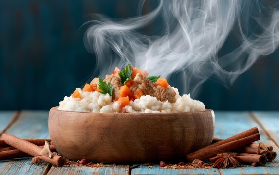 Steaming Bowl of Comfort Food with Vegetables and Spices Served in Wooden Bowl on Rustic Wooden Table