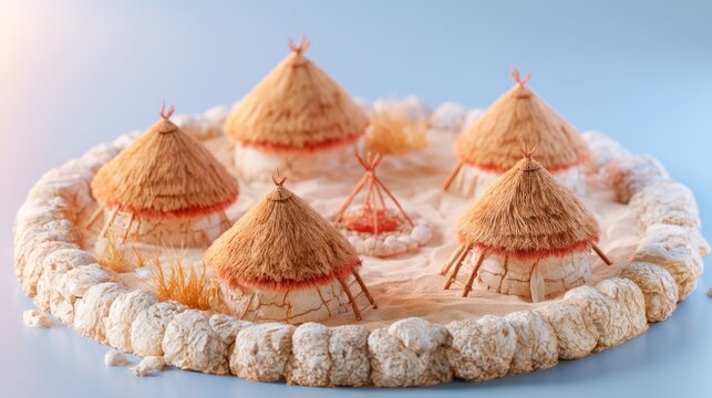 Isometric 3D Illustration of Traditional Circular Huts with Thatched Roofs and Textured Ground Layout