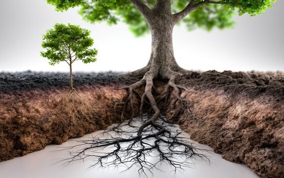3D Educational Illustration of Large Tree with Extensive Roots and Smaller Tree Showing Underground Structure