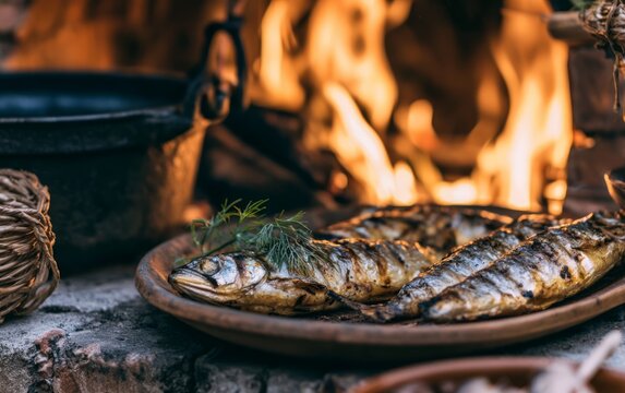 Grilled Fish on Plate Next to Rustic Barbecue in Backyard with Flames and Masonry Wall Setting