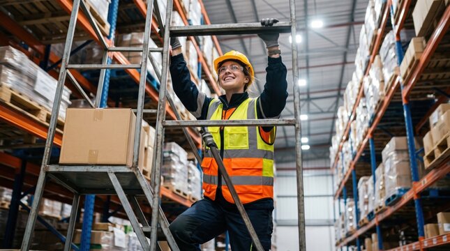 Smiling female warehouse worker in safety gear climbing a ladder to access inventory on high shelves.