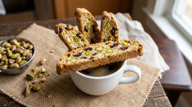 Crunchy pistachio and cranberry biscotti cookies are placed neatly over a white ceramic cup filled with hot black coffee on a rustic burlap sack