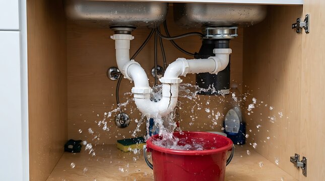 Leaking kitchen sink pipe dripping water into a red bucket