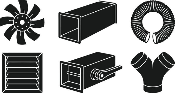 HVAC Ventilation Ducting and Airflow System Vector Icon Set Featuring Exhaust Fan Square Duct Louver Damper Valve and Flexible Hose Components