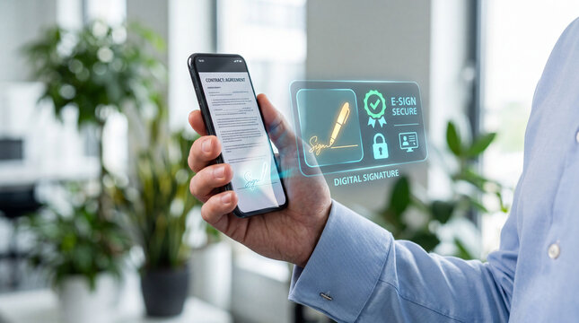 Man holding smartphone signing digital contract with holographic e-sign secure interface in modern office