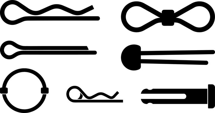 Industrial Cotter Pins and Retaining R-Clips Vector Silhouette Set with Split Fasteners Linchpins Hitch Pins and Mechanical Engineering Hardware Components