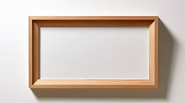 Clean minimalist empty rectangular wooden frame on plain white background, light tone smooth finish wood with visible grain, deep inset border sloping inward to blank white center, soft right shadow c