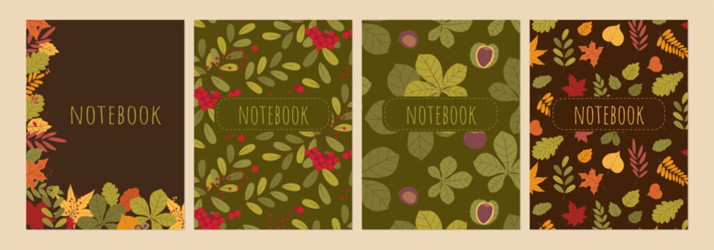 Set of four distinct fall themed diary covers displaying various seamless prints of colorful tree leaves, rowan berries, and ripe horse chestnuts on dark brown and green backgrounds. Vector