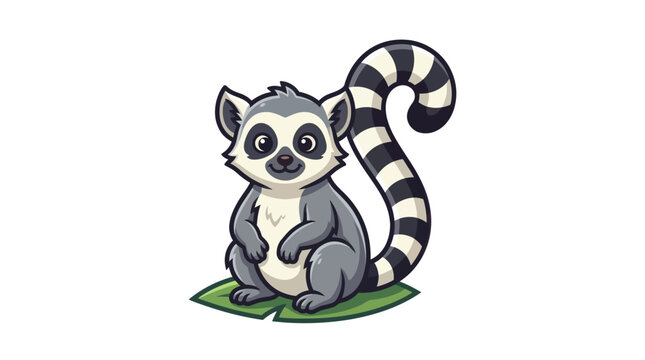 Cute Cartoon Lemur Sitting on Leaf.