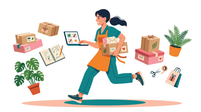 A female small business owner energetically runs while juggling packages and her laptop amidst floating icons representing her busy workflow.