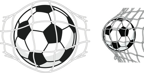 Black and white soccer ball hitting goal net set illustration with different viewing angles for football match graphics © MDRONI