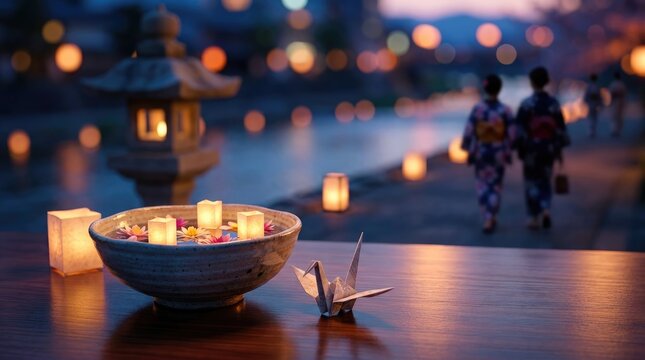 Ceramic bowl with burning candles on wooden table, paper origami crane, japanese obon bon festival evening, blurred people wearing kimono walking near riverbank carrying glowing lantern lights.