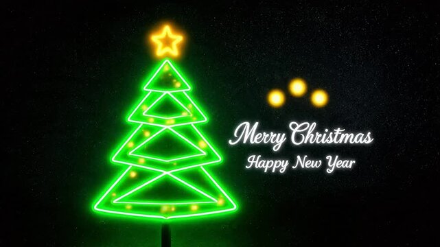 Neon Green Christmas Tree with Glowing Star and 'Merry Christmas Happy New Year' Text Animation