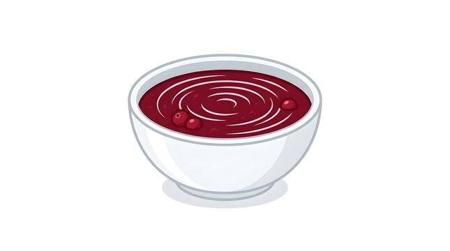 Clean flat vector illustration of a white ceramic bowl filled with dark red cranberry sauce and whole berries. Isolated on a plain white background, ideal for Thanksgiving side dish menus, holiday rec