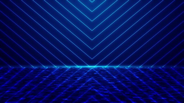 Futuristic neon grid floor visual with blue chevron lights, cyan laser lines, and dark digital stage depth. Perfect for title videos, music backgrounds, tech promos, and animated overlays.