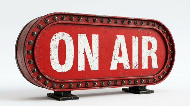 Vintage red on air studio sign with industrial rivets and weathered texture sits on a metallic base, perfect for broadcasting or podcasting concepts representing live professional radio recording