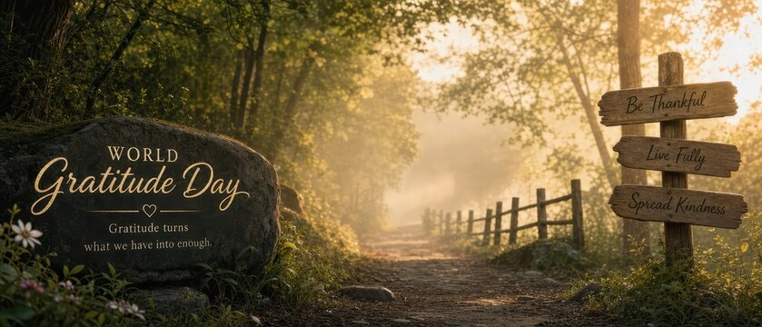 Celebrating world gratitude day on a peaceful path embraced by nature and uplifting signposts