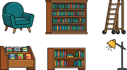 Cartoon vector set of library and reading room furniture featuring bookshelves an armchair a ladder and a lamp ideal for educational apps and interior design projects © Muhammad