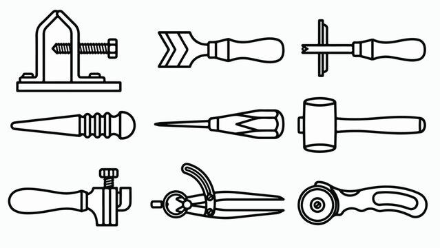 Leathercraft hand tools collection, 9 leather working equipment icons, professional leatherwork artisan tools, black and white vector set