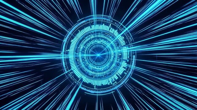 Futuristic Blue Circular HUD Interface with Radiating Light Lines and Dynamic Data Visualization