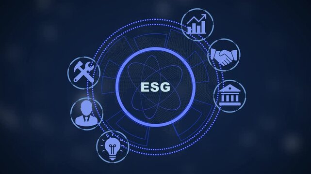 Esg environmental social and governance corporate strategy digital hud interface animation for sustainable business investment and ethical management concepts