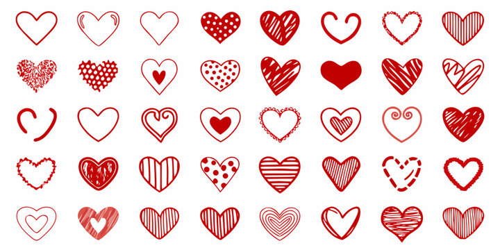 Collection Of Red Heart Shapes And Designs On A White Background Vector Illustration