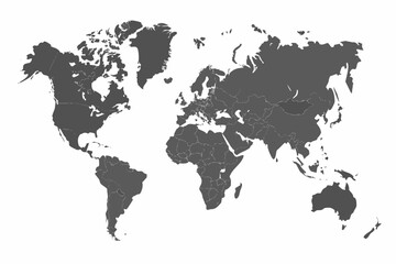 Dark gray world map silhouette on a white background depicting continents and oceans © Parash