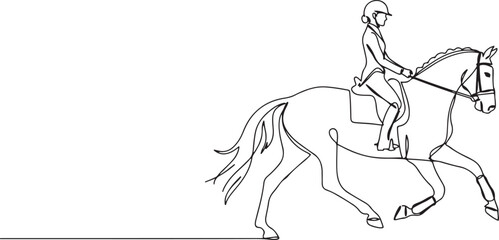Fototapeta premium One line drawing of beautiful female rider on an elegant horse at a trot, depicting the graceful partnership, skill, and deep connection.one line icon drawing