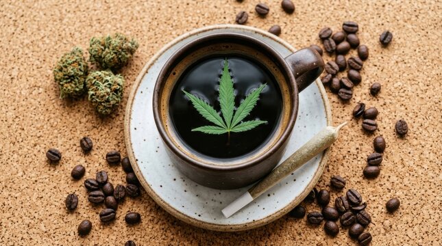 Freshly brewed black coffee in a dark ceramic mug featuring a green marijuana leaf on the surface accompanied by roasted coffee beans dried cannabis buds and a rolled joint on a grainy cork tabletop..