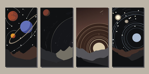 Retro Sci fi Planetary Systems Illustration Four Vertical Panels With Celestial Bodies And Landscapes © Parash